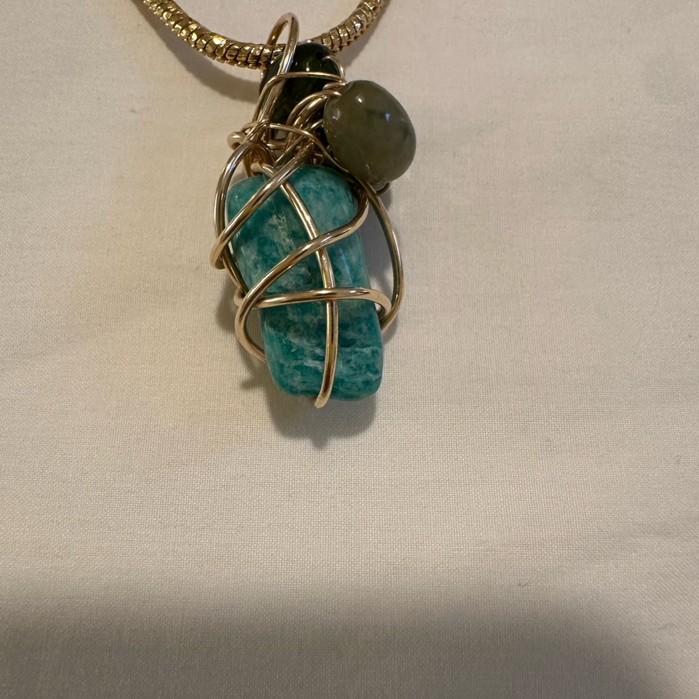 Blue and Gold Wire Wrapped Crystal Necklace